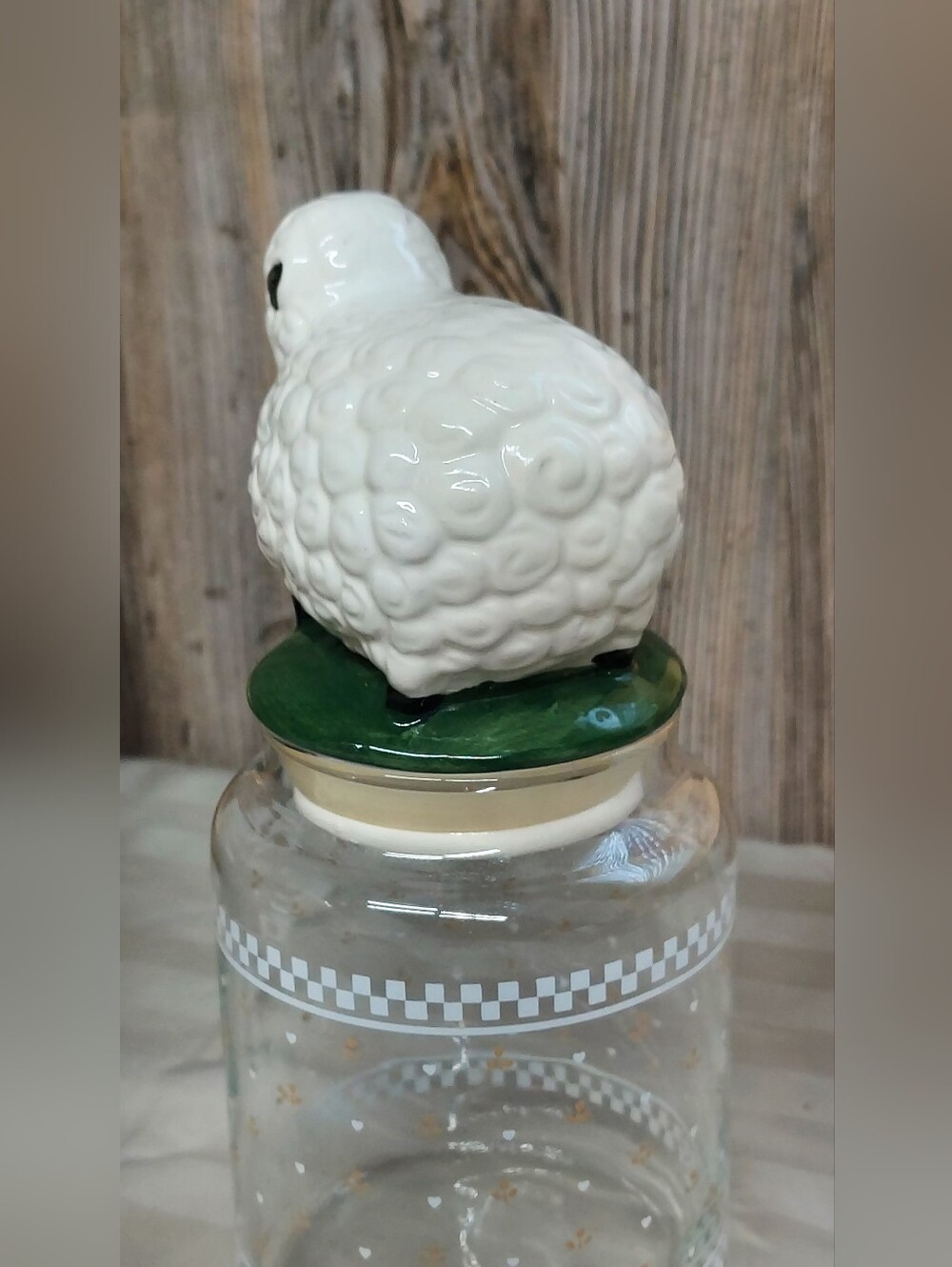 Vintage Glass Treat Jar with Ceramic Sheep Topper Lid- Cottagecore Farmhouse - Picture 3 of 7
